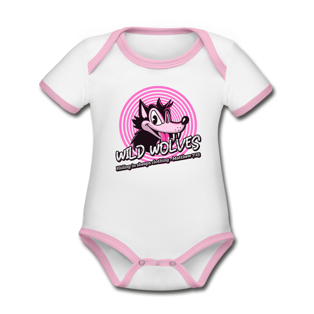 WILD WOLVES - Organic Contrast Short Sleeve Baby Bodysuit - white/pink