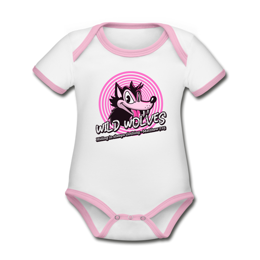 WILD WOLVES - Organic Contrast Short Sleeve Baby Bodysuit - white/pink