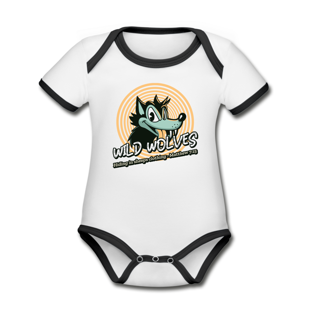 Wild Wolves - Organic Contrast Short Sleeve Baby Bodysuit - white/black