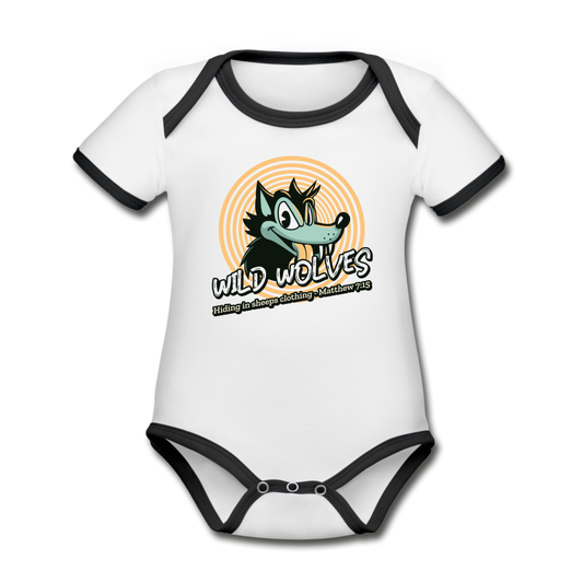 Wild Wolves - Organic Contrast Short Sleeve Baby Bodysuit - white/black