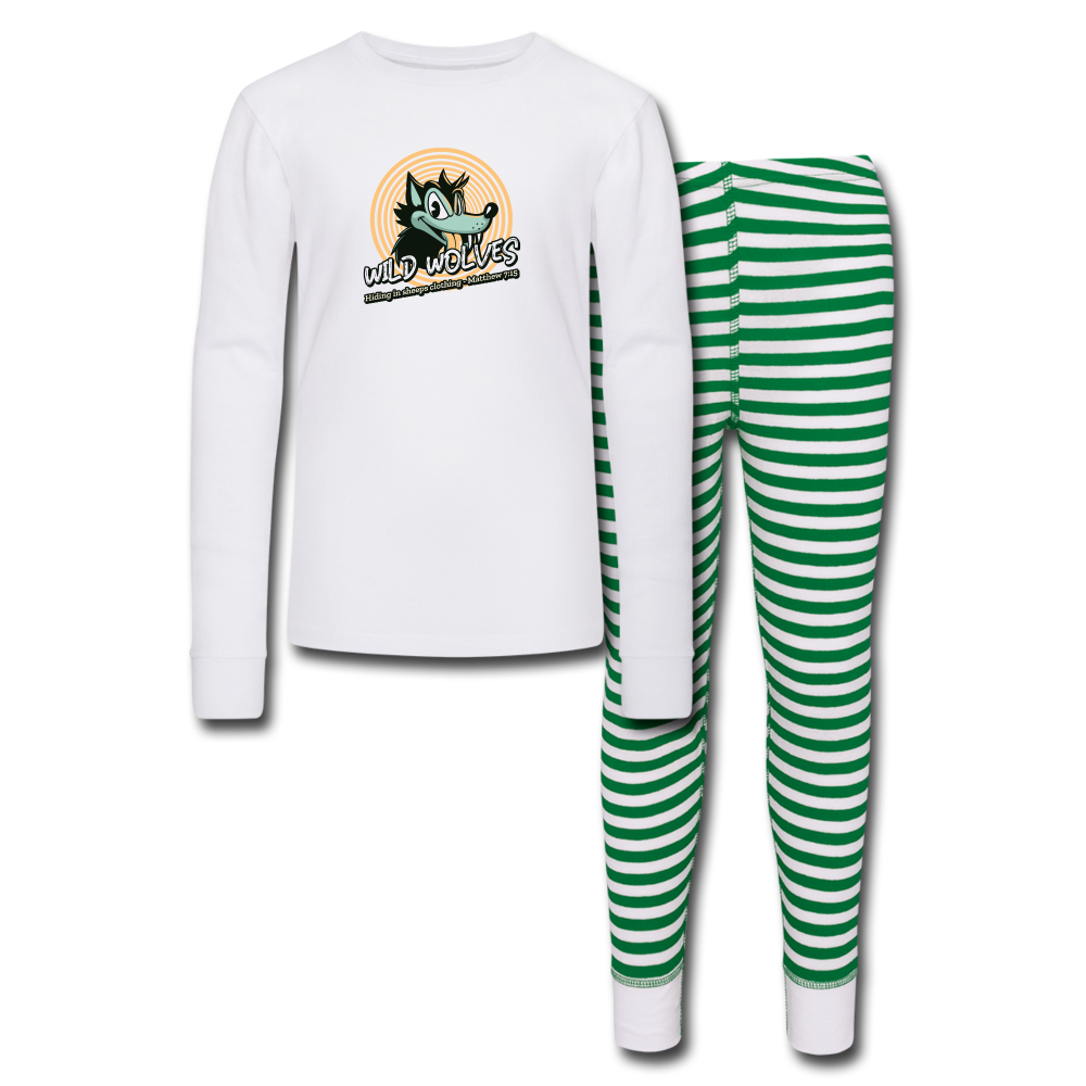 WILD WOLVES - Kids’ Pajama Set - white/green stripe