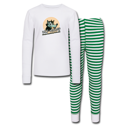 WILD WOLVES - Kids’ Pajama Set - white/green stripe